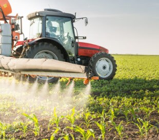 Tractor spraying pesticides on soy bean. Image: Fotokostic/Shutterstock.com.