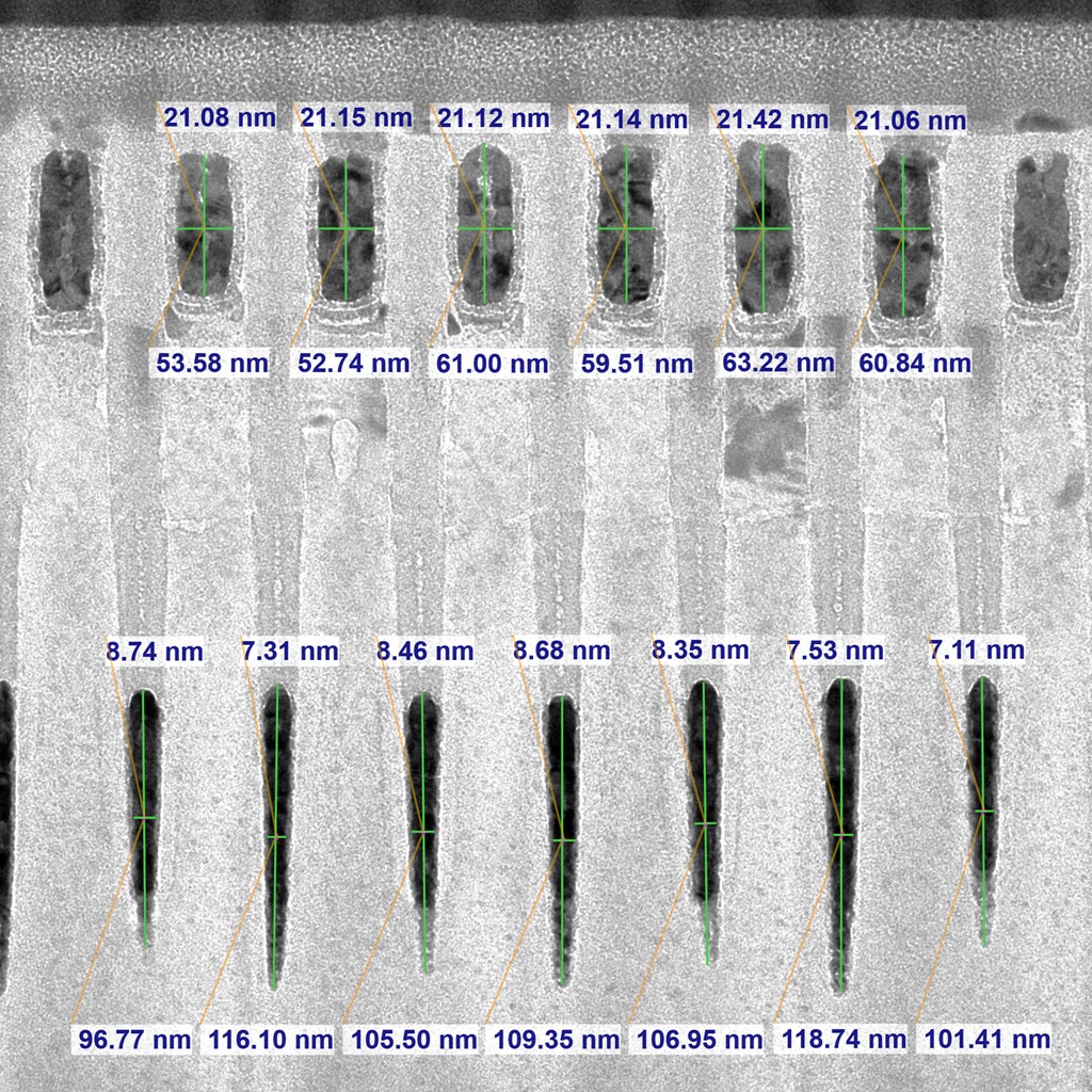 TEM metrology data showing height and width of DRAM structures