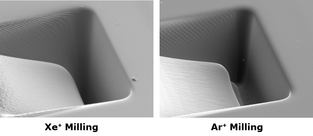 Side-by-side microscope images showing differences in surface quality and milling time between xenon-prepared (1:42 at 2.5 μA) and argon-prepared (58 s at 3.7 μA) silicon samples.