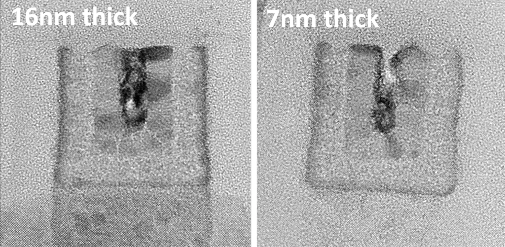 Thickness effect comparison: 16 nm vs. 7 nm sample showing artifact reduction.