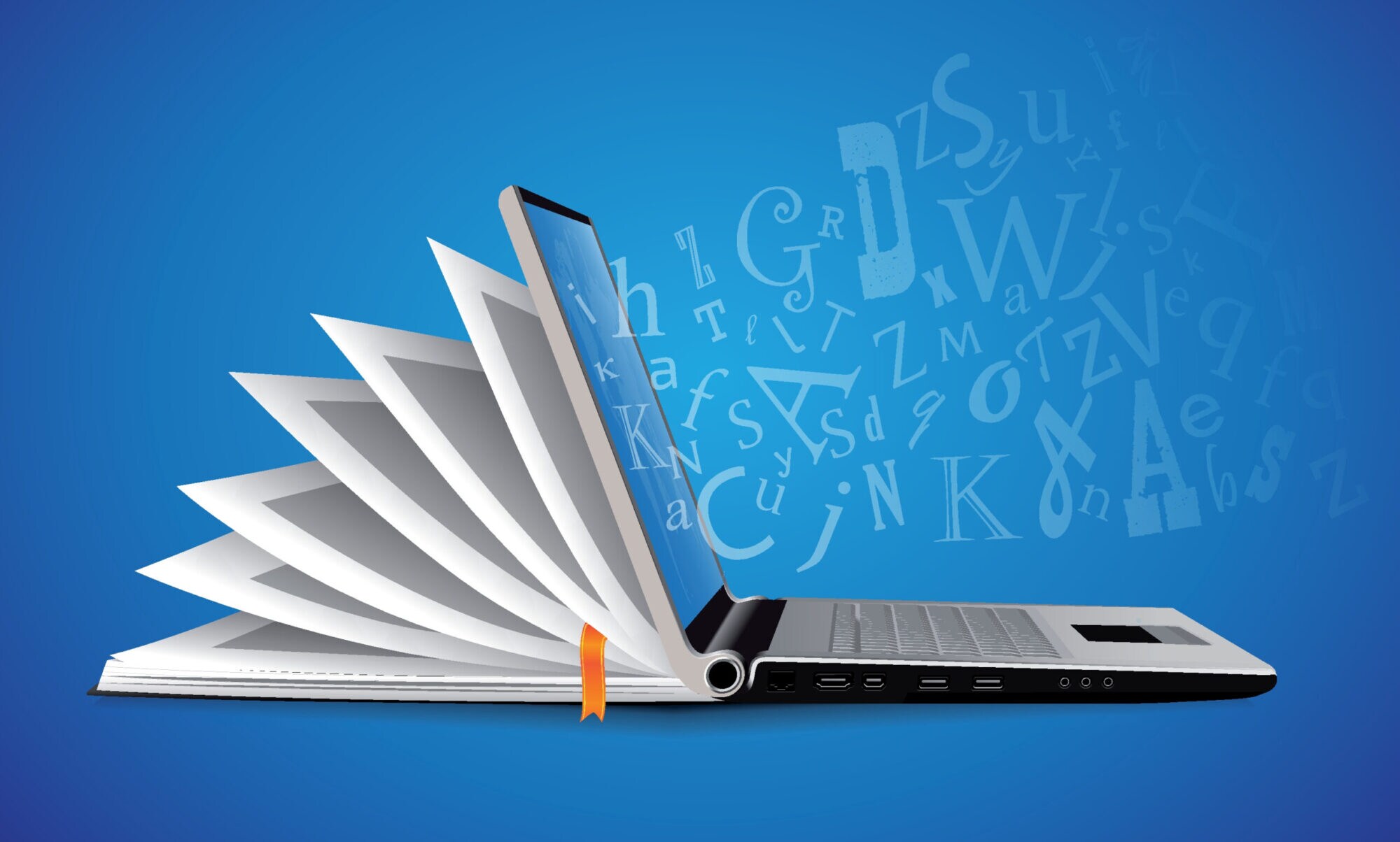 Computer as book eleaning concept - laptop with alphabet letters idea