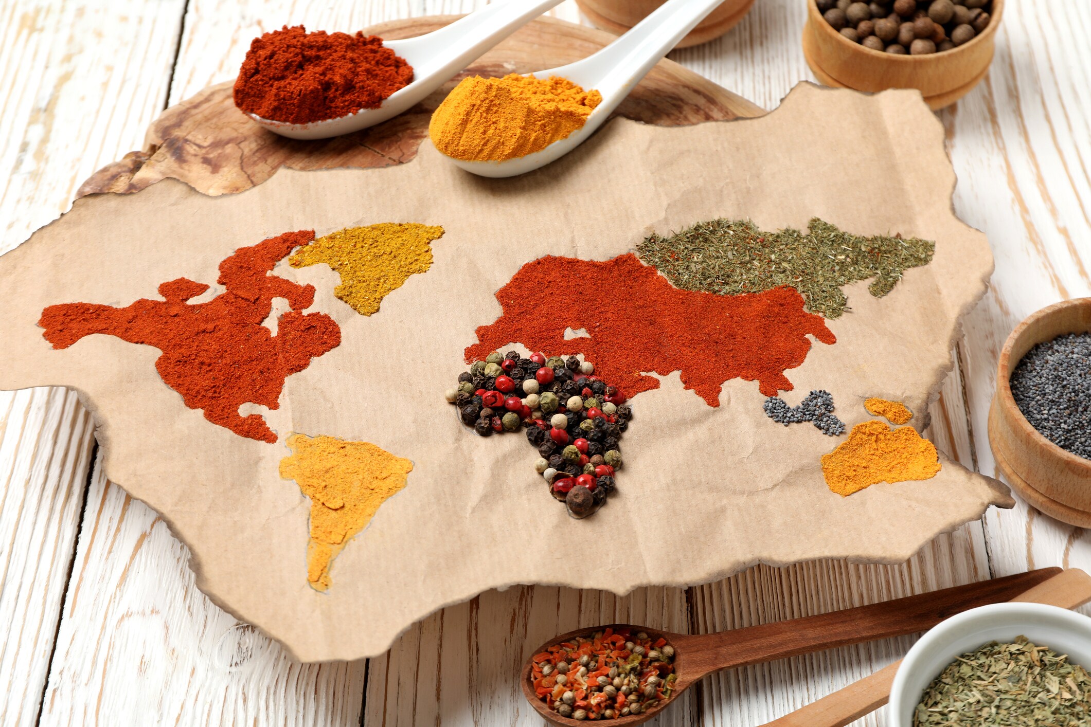 Map of world made from different kinds of spices