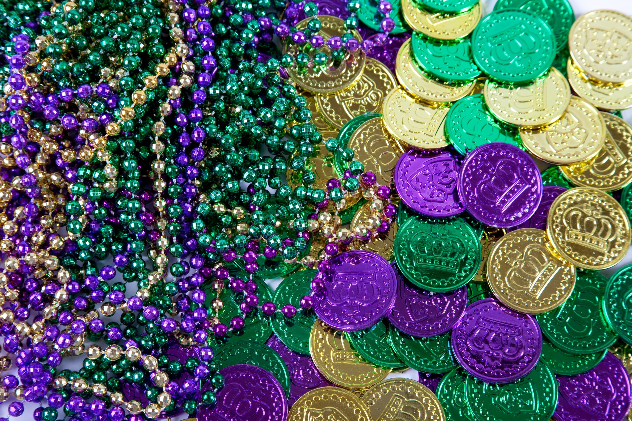 Mardi Gras beads and doubloons