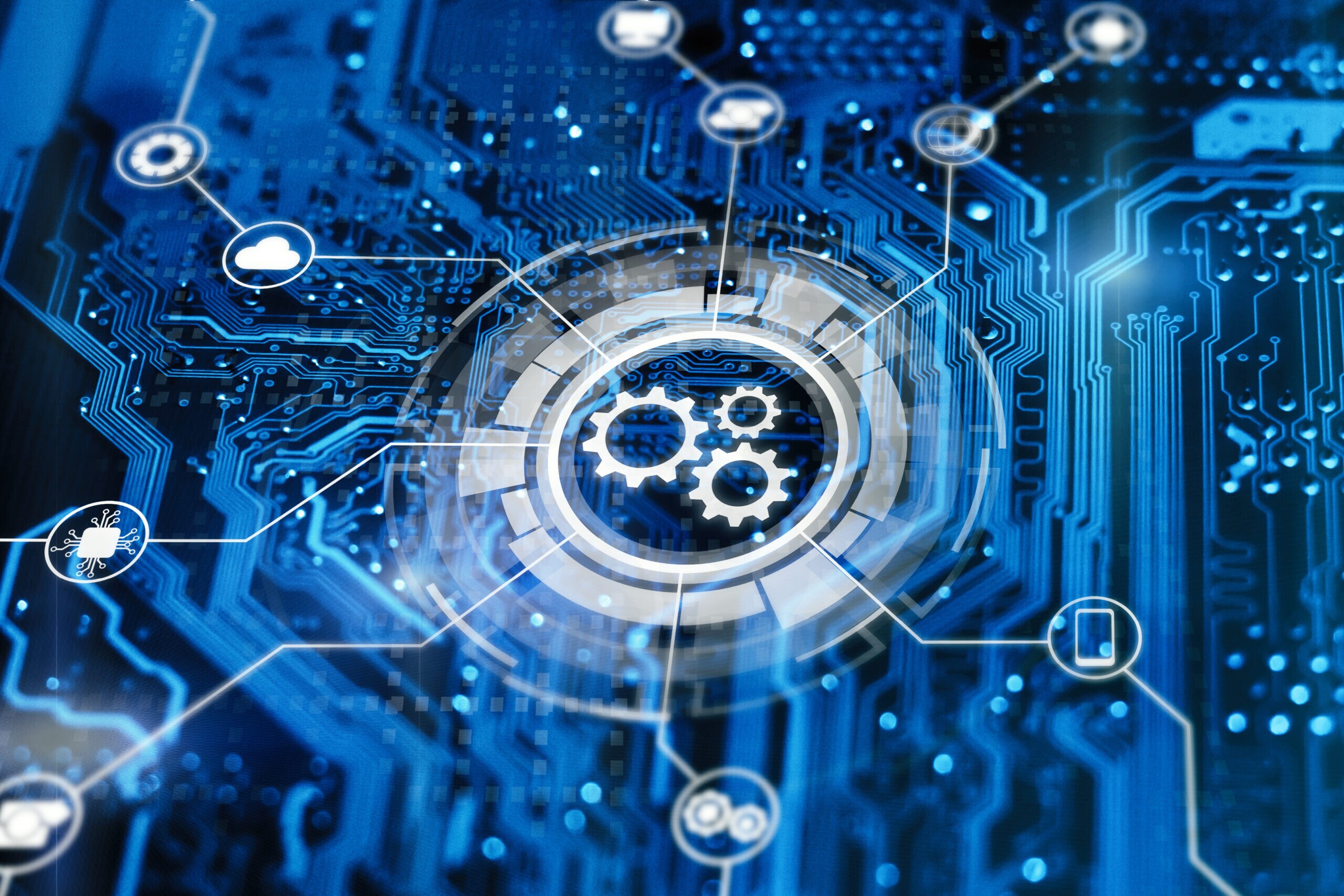 semicondutor technology concept; Optimisation of business and industrial process workflow and automation. Development of sofware for automatization managment. Gears on virtual screen.
