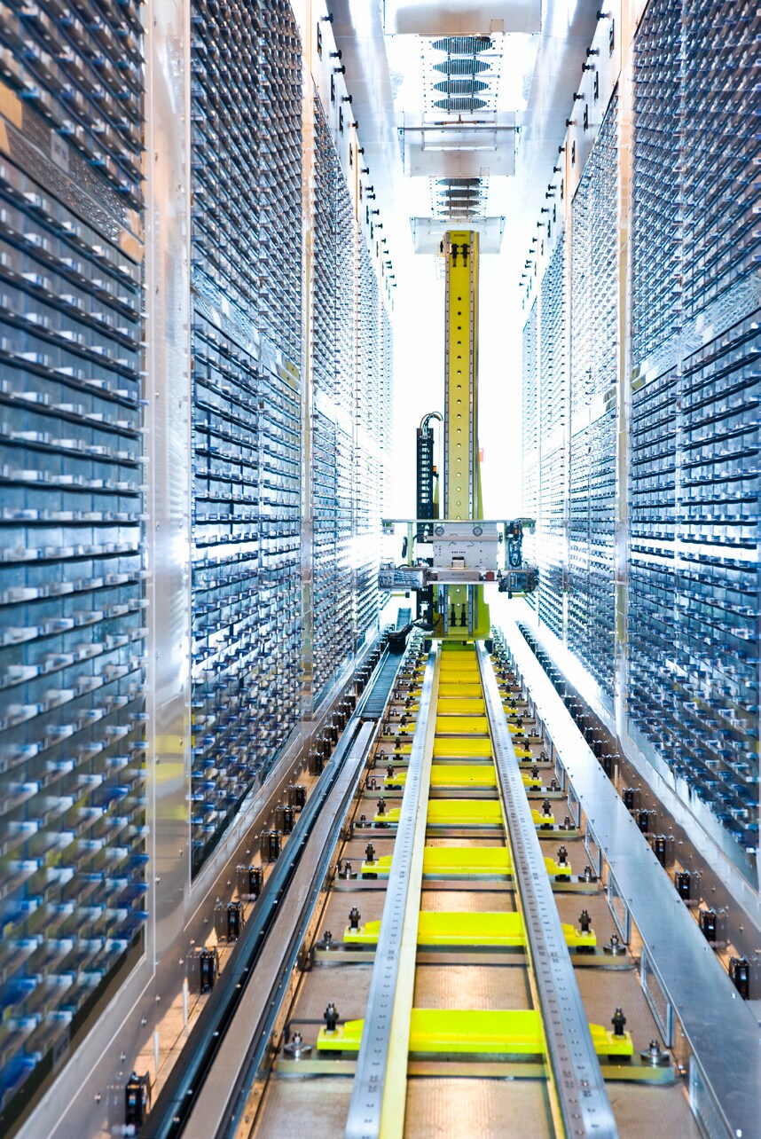 The interior of UK Biobank, with many stored samples on each wall