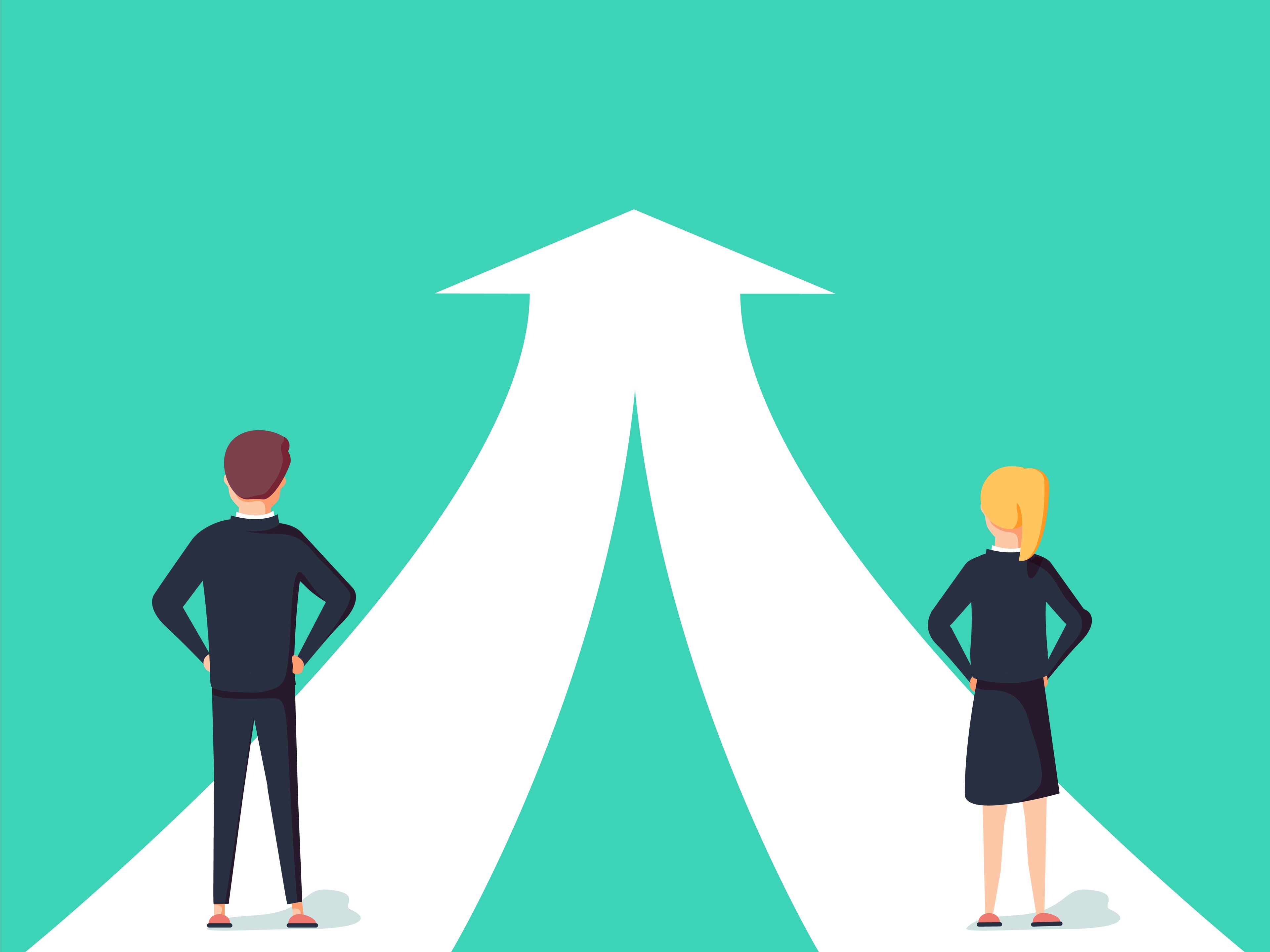 A graphic shows two people converging from separate roads onto one.