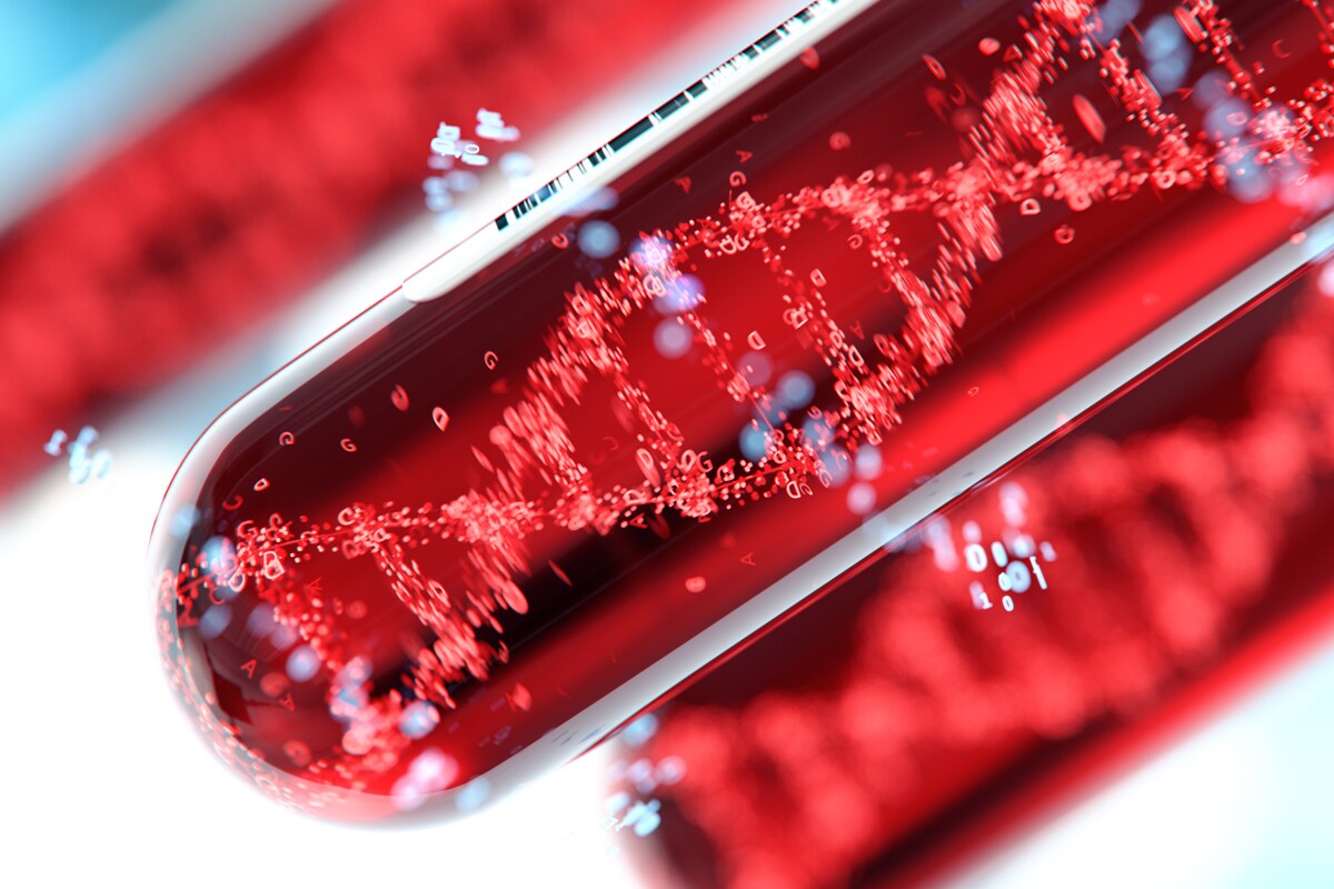 A macro image of a blood vial with a graphic of DNA in it represents liquid biopsy techniques.