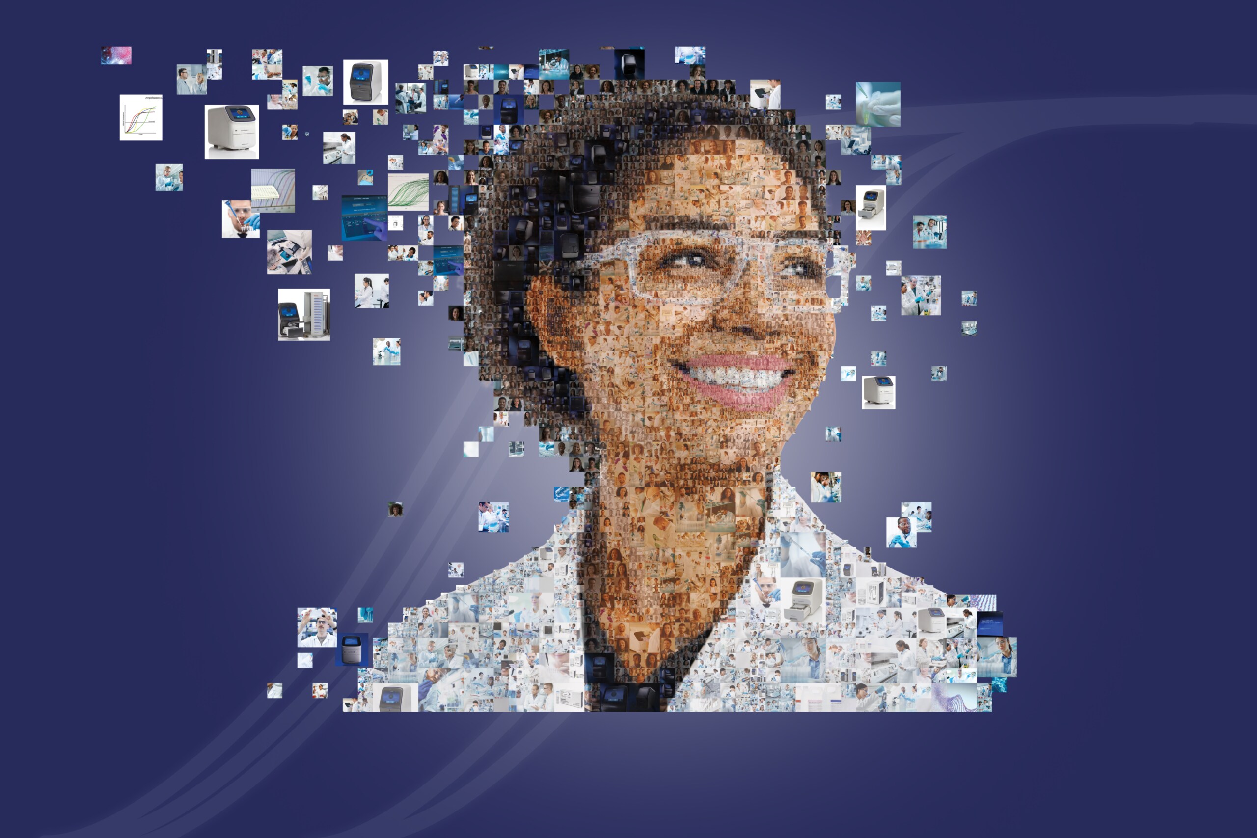 Mosaic image of a scientist composed of smaller images representing qPCR technology, instruments, and scientific research advancements.