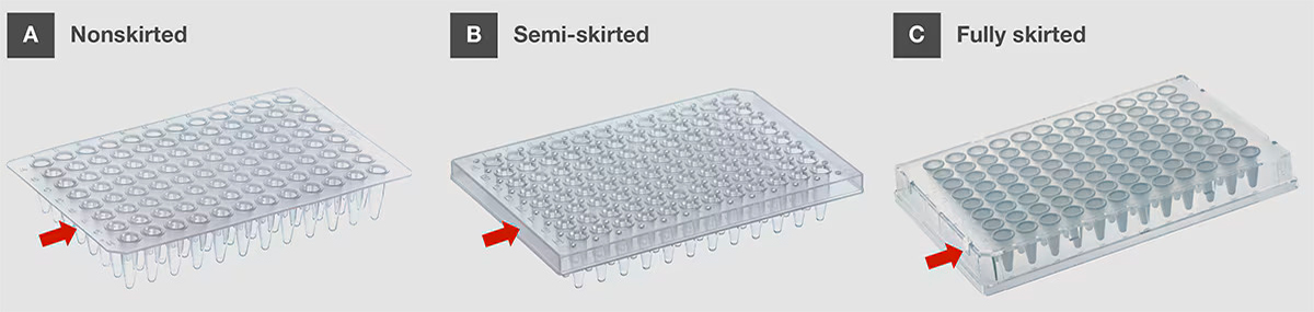 Types of PCR plates based on skirt type Three 96-well clear plates: the left one is non-skirted, the center one is semi-skirted, and the right one is a full-skirted plate