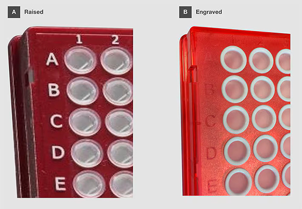 PCR and qPCR plates with raised and engraved lettering Right panel shows PCR plate has raised letters and numbers printed in white and left panel has letters and numbers engraved on it.
