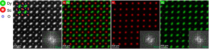 DyScO3 image obtained using the Dual-X detectors on a scanning transmission electron microscope. DyScO3 image obtained using the Dual-X detectors on a scanning transmission electron microscope.