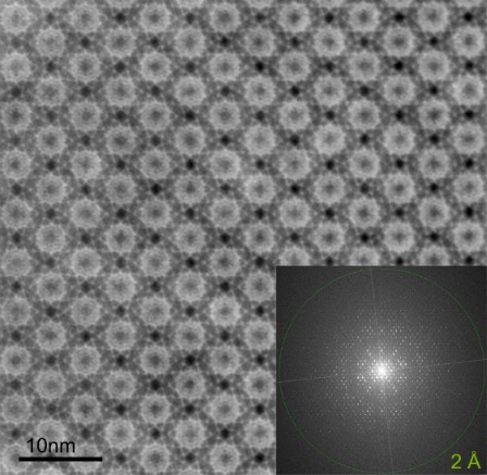 Scanning transmission electron microscopy image of a metal organic framework. Scanning transmission electron microscopy image of a metal organic framework.