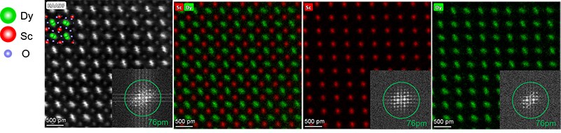 DyScO₃ image obtained using the Dual-X detectors on a scanning transmission electron microscope. DyScO₃ image obtained using the Dual-X detectors on a scanning transmission electron microscope.