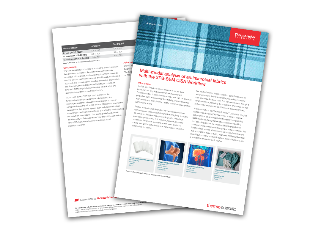 Multi-modal analysis of antimicrobial fabrics with the XPS-SEM CISA Workflow. Multi-modal analysis of antimicrobial fabrics with the XPS-SEM CISA Workflow.