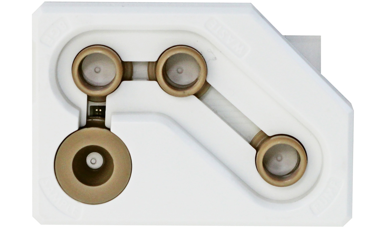 Top open view of ZipChip microfluidic chip well structures Top open view of ZipChip microfluidic chip well structures