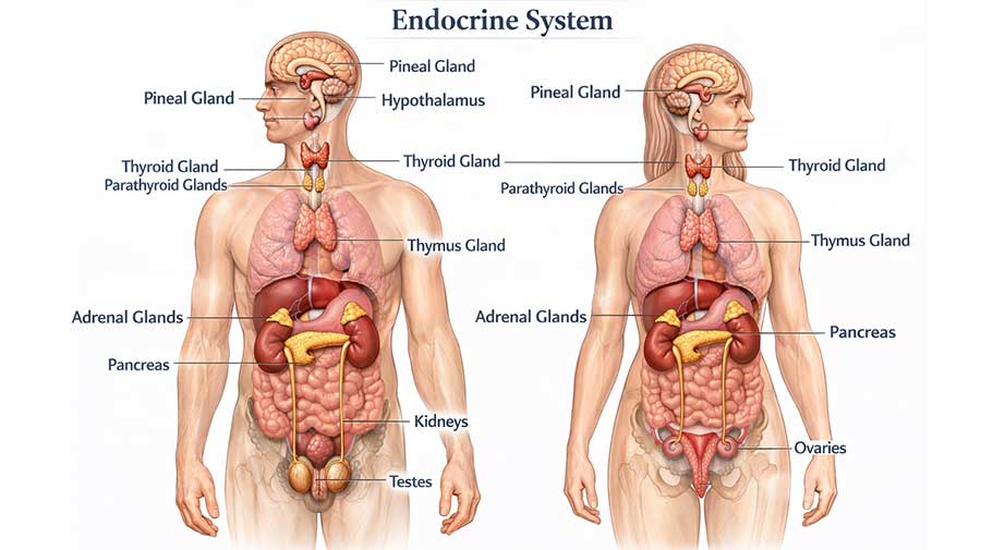 Human endocrine system: Male and female glandular anatomy Diagram of the endocrine system
