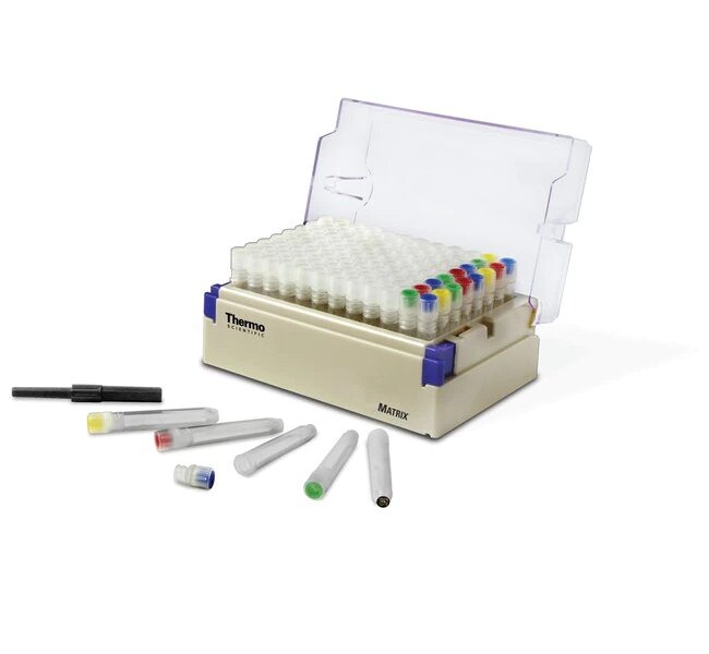Matrix 1 mL storage tubes A storage rack filled with 1 mL tubes with various cap colors