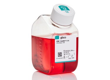 Gibco Media with GlutaMAX Supplement Image showing Gibco bottle with red medium