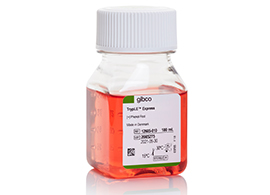 Bottle of TrypLE Express A clear bottle on white background containing TrypLE Express Enzyme, with Phenol red