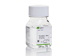 TrypLE Select A clear bottle with a white label on a white background containing TrypLE Select Enzyme (1X), Phenol red free