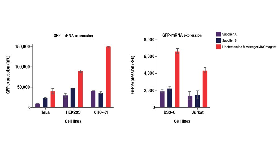 mRNA delivery results bar charts of GFP expression in 5 cell lines