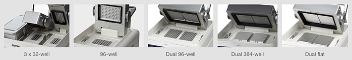 ProFlex PCR System interchangeable blocks Sample block formats for the ProFlex PCR system which includes 3 x 32-well, 96-well, dual 96-well, dual 384-well, and dual flat blocks
