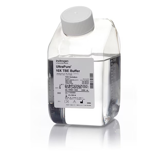 Running buffer for agarose gel DNA electrophoresis Product photo. Clear bottle with angled neck containing a clear solution