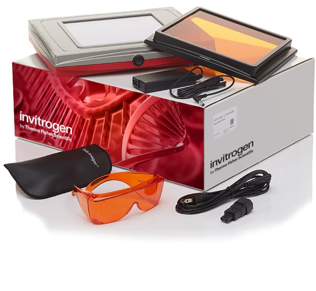 Safe Imager Blue Light Transilluminator Product photo. Transilluminator, amber filter, amber safety glasses, and power cord placed on product package