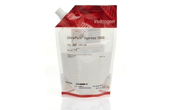 Agarose powder for gel electrophoresis Stand up pouch with spout containing UltraPure agarose powder