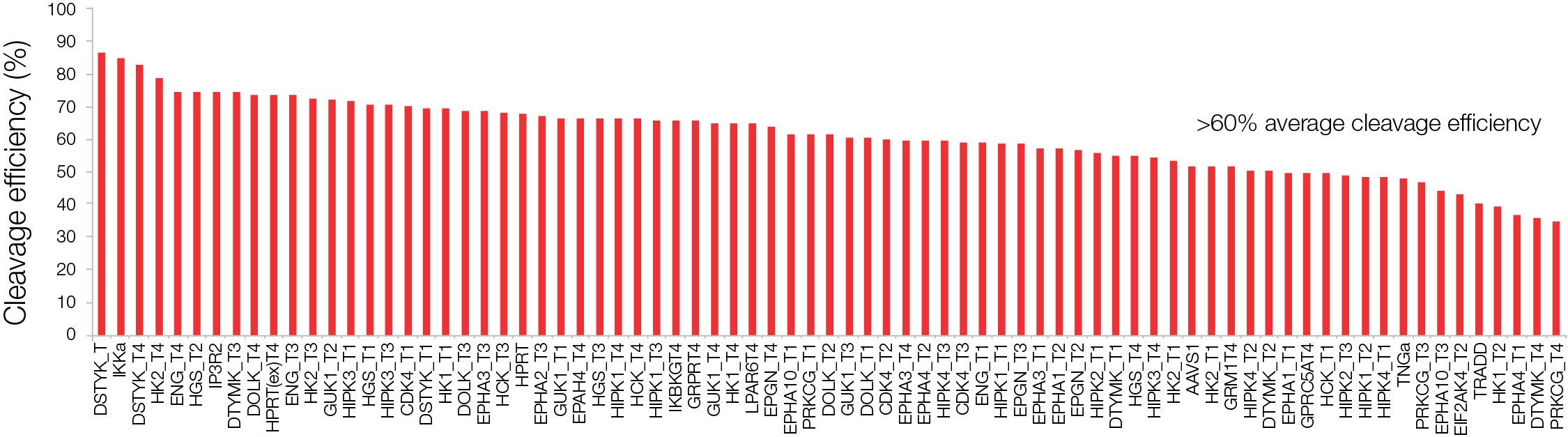 Cleavage efficiency of a CRISPR experiment using TrueGuide Synthetic gRNAs Bar graph showing the cleavage efficiency of multiple kinase genes using TrueGuide Synthetic gRNAs