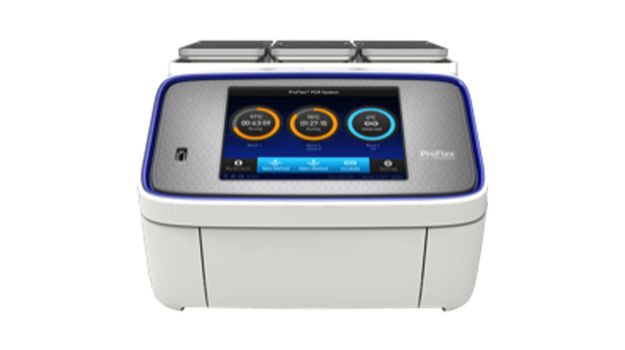 ProFlex PCR System Front angle on the ProFlex PCR System, including the user interface home screen