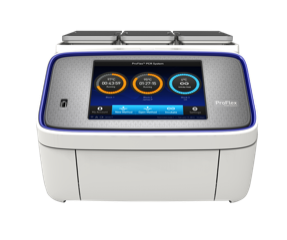 ProFlex PCR System Front angle on the ProFlex PCR System, including the user interface home screen