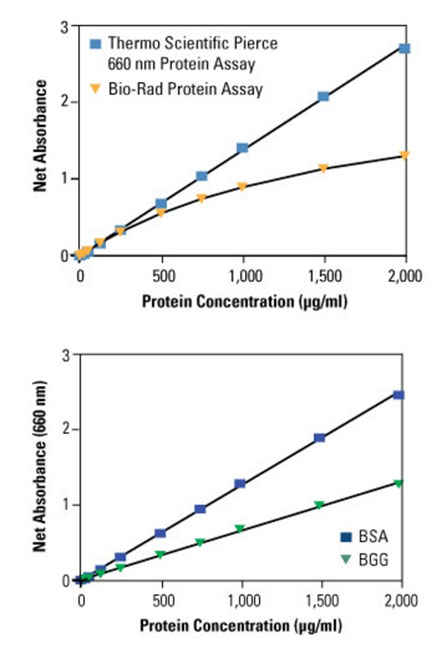 Pierce 660 nm Protein assay standard curve and Bio-Rad Bradford standard curve Pierce 660 nm Protein assay standard curve and Bio-Rad Bradford standard curve