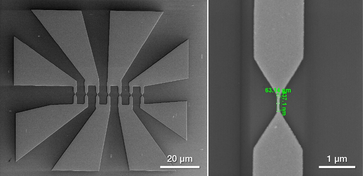 Electromigration structure created with electron beam lithography and NanoBuilder Software. Right: Close up of a single channel. Critical dimensions as low as 10 nm are possible. Electromigration structure created with electron beam lithography and NanoBuilder Software. Right: Close up of a single channel. Critical dimensions as low as 10 nm are possible.