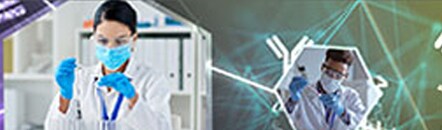 Immunodiagnostic Assay Development Lab scientists preparing samples set against antibody background