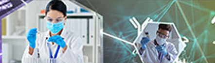 Immunodiagnostic Assay Development Lab scientists preparing samples set against antibody background