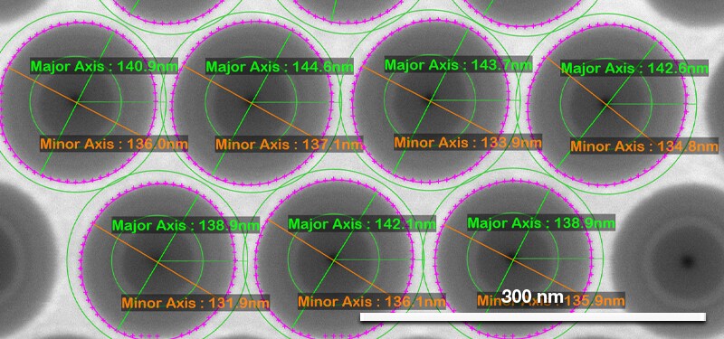 SEM metrology performed automatically with Thermo Scientific software. SEM metrology performed automatically with Thermo Scientific software.