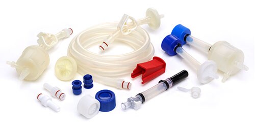 Collection of Cell Factory accessories from tubing, connectors, ports, and related components Collection of Cell Factory accessories from tubing, connectors, ports, and related components