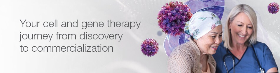 Your cell and gene therapy journey from discovery to commercialization Patient and medical professional in front of viral vector cells