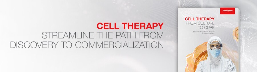 Cell therapy brochure cover A scientist standing in protective gear with the text “Streamline the path from discovery to commercialization”