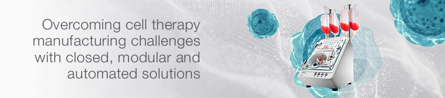 Overcoming cell therapy manufacturing challenges infoposter Artistic rendering of Rotea instrumentation surrounded by abstract cells