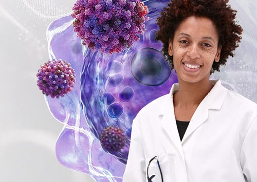 Lead R&D scientist in front of abstract cell imagery Lead CGT R&D scientist in front of artist's rendering of a cell