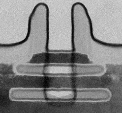 TEM cross-section of a transistor gate along a nanowire. TEM cross-section of a transistor gate along a nanowire.