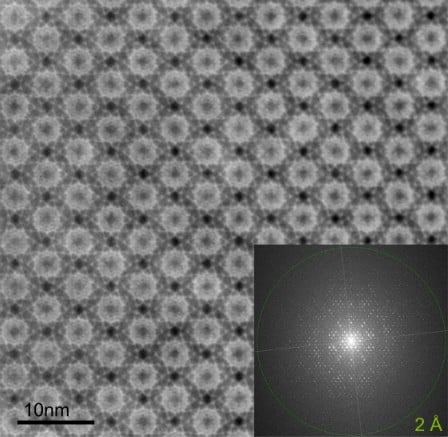 Scanning transmission electron microscopy image of a metal organic framework. Scanning transmission electron microscopy image of a metal organic framework.