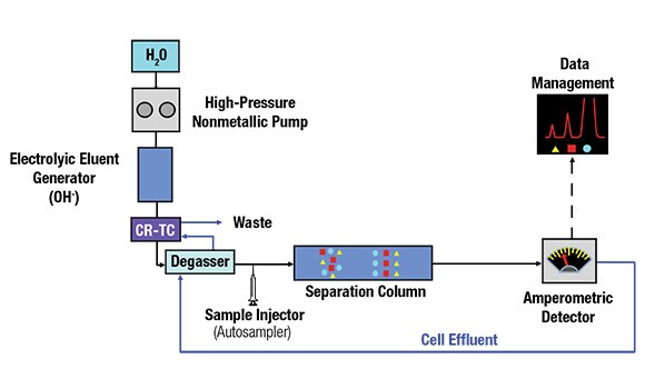 Block diagram of a Reagent-Free HPAE-PAD system with electrochemical detection Block diagram of a Reagent-Free HPAE-PAD system with electrochemical detection