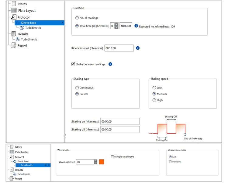 SkanIt software session parameters Screenshot of SkanIt software protocol settings for bacterial growth curve measurement