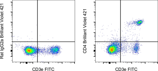 Cell surface staining with BV421 Dot plot of samples stained with IgG2a control vs CD3e-FITC and CD4-BV421 vs CD3e-FITC