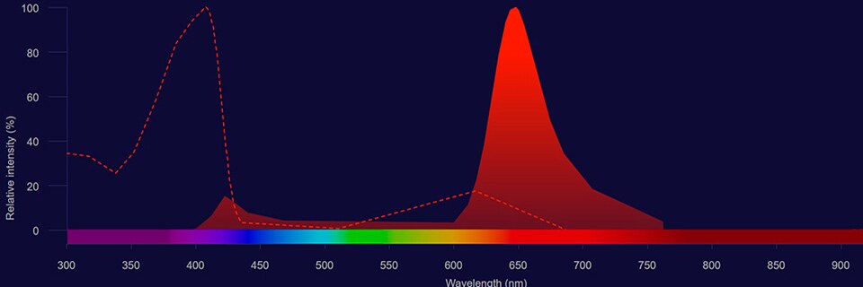 Brilliant Violet 650 spectra Brilliant Violet 650 excitation shown as dotted line and emission shown as solid red histogram