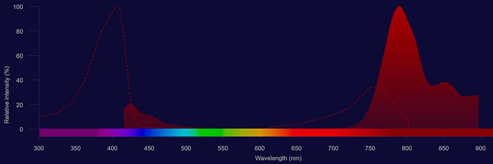 Brilliant Violet 786 spectra Brilliant Violet 786 excitation shown as dotted line and emission shown as solid red histogram