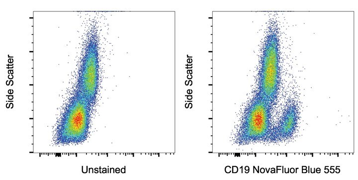 Unstained and CD19 NovaFluor Blue 555-stained normal human PBMCs Side scatter plot with unstained and CD19 NovaFluor Blue 555-stained normal human PBMCs